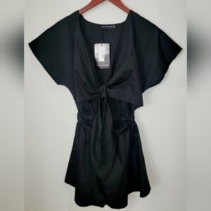 NWT Pretty Little Thing Black Tie Caped Playsuit, Shorts, Open Midriff. Size 10